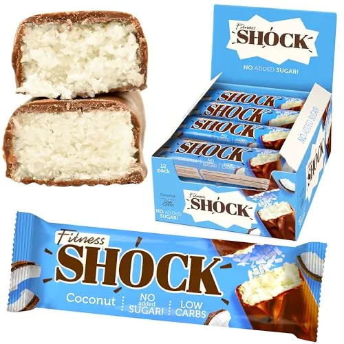 FitnesSHOCK Low Carb Riegel ohne Zucker 12-er Pack in dunkler Schokolade, 3,5g carbs, Fitness Eiweissriegel, ohne Mehl und Palmöl, ballaststoffreich, Kokos Geschmack 12x50g