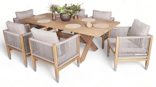 Gartenmöbel Esstisch Set 7tlg mit 6 Stühlen in Beige - Stilvolles 7-teiliges Set aus einem Esstisch und 6 komfortablen Stühlen. Ideal für gesellige Runden im Freien. Robustes Holzmaterial sorgt für Langlebigkeit und Eleganz.