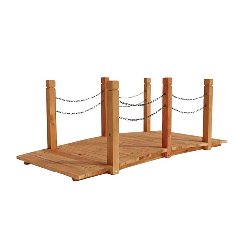 relaxdays Zierbrücke Gartenbrücke mit Ketten, orange|schwarz - Stilvolle Zierbrücke für den Garten, gefertigt aus robustem Holz. Mit einer Breite von 150 cm und einem ansprechenden Design wird sie zum Blickfang in jedem Außenbereich.