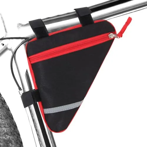 QitinDasen Fahrrad Dreiecktasche, Fahrrad Vorder Rahmentasche (Rot) | Wasserdichte Nylon Radfahren Dreieck Aufbewahrungsbeutel mit Doppelseitige Reflektierende Dekoration, für MTB und Rennrad