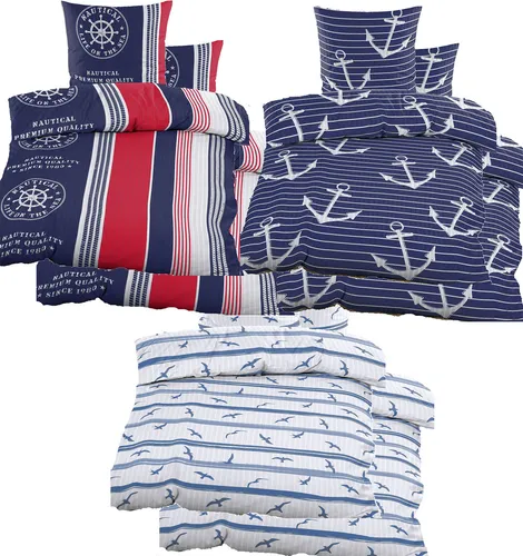 Doppel Pack Seersucker Bettwäsche 2x (135x200 +80x80cm) – Maritim in Blau Rot - 4-tlg. bügelfreie Bettwäsche aus Microfaser, ideal für ein maritimes Schlafzimmer. Mit Reißverschluss, waschbar bis 40 Grad und trocknergeeignet.