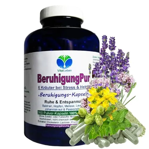 BERUHIGUNG Pur 6 - Beruhigende Kräuter für Stressabbau - Pflanzliches Ergänzungsmittel mit 360 Kapseln aus Baldrian, Hopfen und mehr. Unterstützt Ruhe und Entspannung ohne Zusatzstoffe.