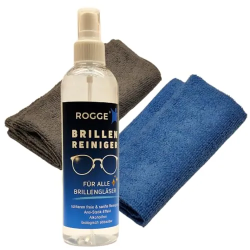 ROGGE Brillenreiniger Set 1x 250ml + 2X Mikrofasertücher SUPER Soft 30x30cm, für streifenfreien Glanz mit Anti-Statik -Effekt. Brillenreiniger Spray der Extraklasse für glasklare Sicht.