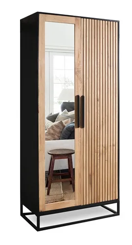 Garderobenschrank 88x190cm aus Massivholz Eiche & Mango - Moderner Garderobenschrank in Schwarz, aus robustem Massivholz gefertigt. Optimal für den Flur, bietet er ausreichend Stauraum und bringt Stil in Ihr Zuhause.