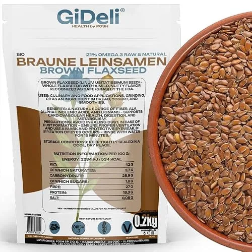 GiDeli Leinsamen Braun 200g ganz Braune Leinsamen Leinsaat Braun Müsli zum Backen Naturprodukt Vegan