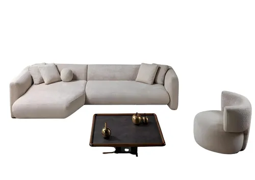 Beige Polster Sofagarnitur Designer Eckcouch 2tlg Set - Modernes 2-teiliges Sofa Set in Beige, ideal für Wohnzimmer und Gästezimmer. Mit bequemer Polsterung und Kissen bietet es Platz für bis zu 5 Personen. Elegantes Design für jeden Raum.