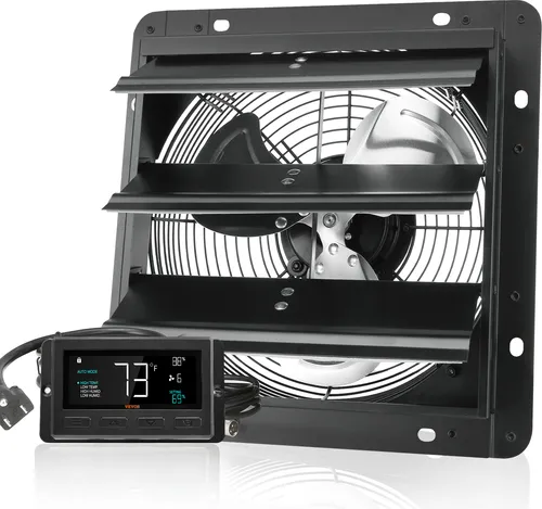 SucceBuy 254 mm Abluftventilator mit Jalousie, EC-Motor 843 CFM, Wandmontage mit variabler Geschwindigkeit mit Temperatur- und Feuchtigkeitsregler, Belüftung für Gewächshäuser, Garagen, Schuppen