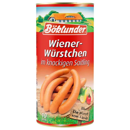 Böklunder Wiener Würstchen im knackigen Saitling - 10 Würstchen - Fleisch- & Geflügelkonserven, herzhaft im Geschmack und ideal für schnelle Snacks oder Grillpartys.