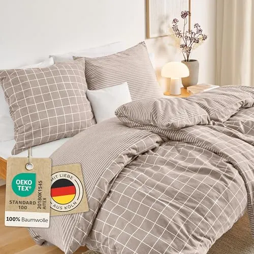 Blumtal Biber Bettwäsche Oeko-TEX zertifiziert aus 100% Baumwolle, waschbar bei 60 °C - Kuschelige Biber Bettwäsche in Taupe, ideal für gemütliche Nächte. Mit 1 Bettbezug (200x200 cm) und 2 Kissenbezügen (80x80 cm) sorgt sie für höchsten Schlafkomfort.