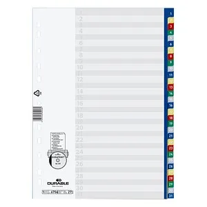 DURABLE Ordnerregister DIN A4 Vollformat 1-31 blau, gelb, rot, grün, grau 31-teilig, 1 Satz