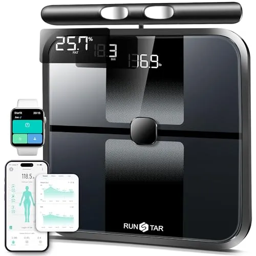 RunStar Körperfettwaage, 8-Elektroden-Ganzkörperanalyse mit 28 Körperwerten, App-Synchronisierung, BMI, Muskelmasse – Hochpräzise Digitale Waage mit 3-Stufigem Display