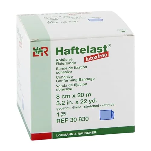 Haftelast Fixierbinde 8cmx20M Blau - Latexfrei - Arzneimittel für sichere Fixierung und Stützung, latexfrei, angenehm im Tragekomfort und ideal für Gelenke. Leicht abrollbar und hautfreundlich, perfekt für Latexallergiker.