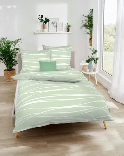 Kaeppel Bettwäsche Motion Colours Mako-Satin Jade 135x200 cm - Bettwäsche-Set in modernem Streifen-Design, aus 100% Baumwolle, pflegeleicht bei 60° und mit praktischem Marken-Reißverschluss.