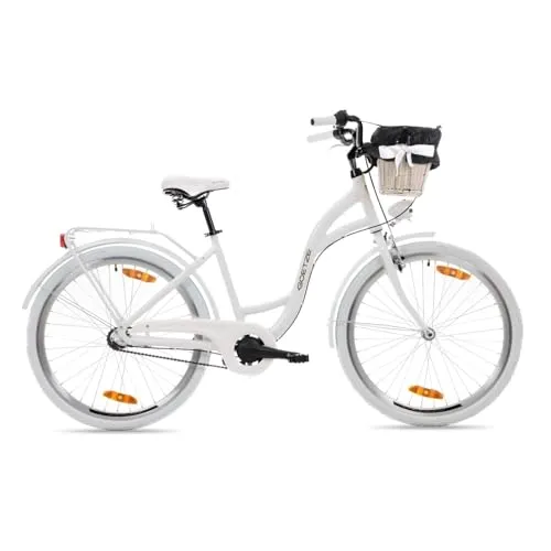 Goetze Style 26 Zoll Citybike, 17 Zoll Tiefeinsteiger Rahmen, 3-Gang Nabenschaltung, Rücktrittbremse, V-Bremse vorne, LED-Beleuchtung, Rattankorb, Komfortsattel, mit Seitenständer & Klingel