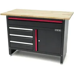 HBM Werkbank 120 cm mit 4 Schubladen, 1 Tür und Holzplatte - Schwarz