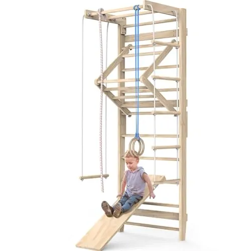 Sportgerät Turnwand Klettergerüst Kinder-3-240 Holz Kinder Gym Kletterwand Sprossenwand mit Stange Fitness - Zertifikat!