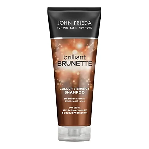 John Frieda Brilliant Brunette Colour Protecting Shampoo 250 ml - Shampoo für Damen, schützt und hydratisiert braunes Haar, verlängert die Haltbarkeit der Haarfarbe und spendet intensiv Feuchtigkeit.