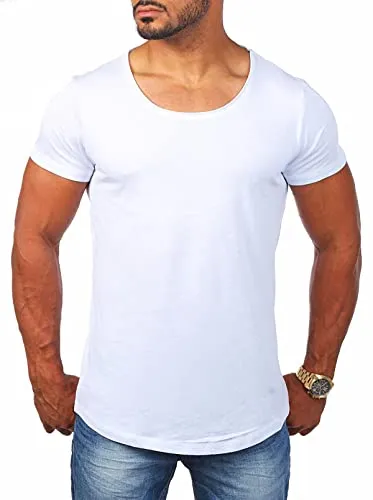 Young & Rich Herren Uni T-Shirt mit tiefem Rundhals Ausschnitt einfarbig körperbetontes Basic Tee Vintage Look 1702, Grösse:S, Farbe:Weiß