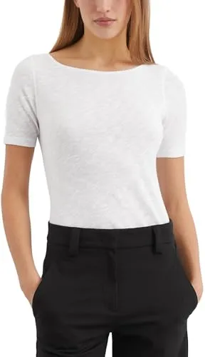 Marc O'Polo Damen T-Shirt aus Bio-Baumwolle, U-Boot-Ausschnitt, Weiß, XL - T-Shirt für Damen aus nachhaltiger Bio-Baumwolle, mit elegantem U-Boot-Ausschnitt und halbtransparentem Slub-Jersey für einen trendigen Look.