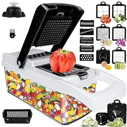 22-in-1 Gemüseschneider Spiralschneider Gemüse,Gemüsehobel Mit 1.2 L Behälter Und Abtropfkorb,Zwiebelschneider Kartoffelschneider Obstschneider