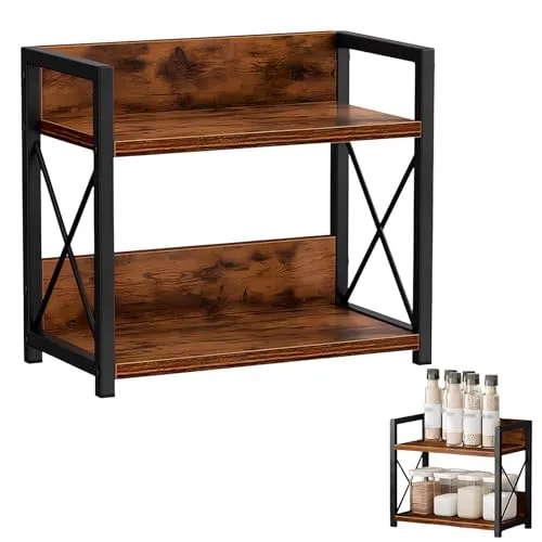 Zuxbolf Küchenregal Arbeitsplatte Gewürzregal Holz Küchen Organizer 2 Tiers Kaffeetassenhalter Gewürzorganizer Gewürzständer Küchenorganizer Spice Rack Küchenschrank Regal für Küche, Zuhause, Büro