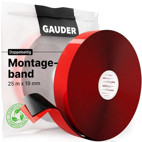 GAUDER Montageband (25 m x 19 mm) | Doppelklebeband | Montageklebeband | Spiegelklebeband | Doppelseitiges Klebeband schwarz