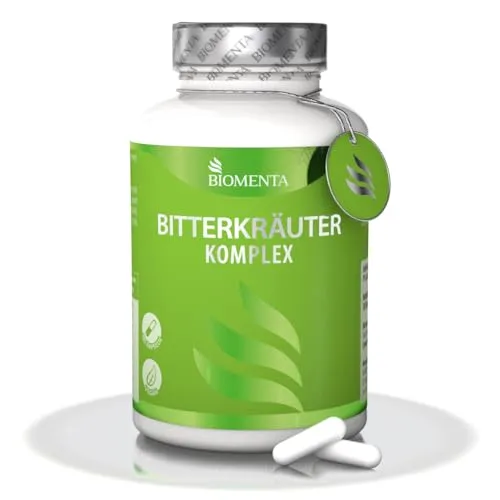 BIOMENTA Bitterkräuter Komplex - Hochdosierte Kapseln mit 185 Bitterstoffen, Vegan - Entdecken Sie die synergetische Kraft von 185 hochwertigen Pflanzenextrakten in geschmacksneutralen Kapseln. Ideal für eine einfache Einnahme ohne unerwünschte Zusatzstoffe, hergestellt in Deutschland.
