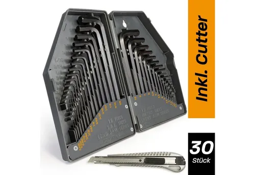 Hinrichs Werkzeugset Hinrichs Sechskantschlüssel Set 30 teilig mit Universalmesser, (30-Tlg. Set), 30 teilig - 0,7 bis 10 mm und 0,028 bis 3/8 Zoll