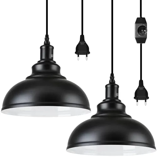 Outdoor Hängelampe mit Stecker, 2 Stück Dimmbar Schwarz Pendelleuchte mit 4.5m Kabel & Dimmer Schalter, E27 Lampefassung Vintage Metall Hängeleuchte für Außen & Innen, Garten, Balkon, Terrasse