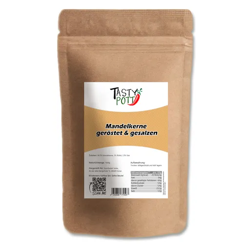 Tasty Pott Bio Mandeln  blanchiert  1000g Mandelsnack Nüsse knabbern Vegan Snack
