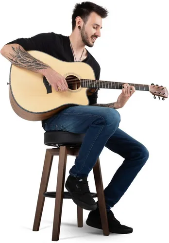 Classic Cantabile Pub-Hocker Gitarrenhocker dunkel gebeizt - Stylischer Hocker für Wohnzimmer oder Proberaum, mit drehbarer Sitzfläche aus schwarzem Kunstleder und stabilen Holzbeinen für optimalen Komfort.