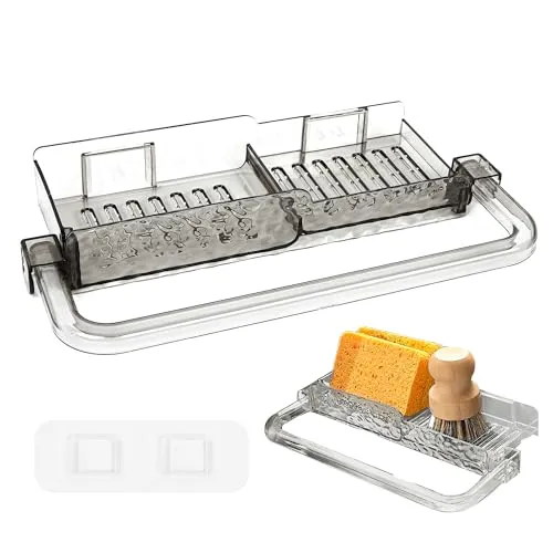 Schwammhalter Spülbecken, Schwammablage Küche Ohne Bohren, Hängender Spüle Organizer mit Spültuchhalter, Sponge Holder Kitchen Sink für Schwamm, Bürste, Spülenstopfen, Kunststoffe, Transparentes Grau