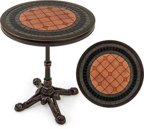 COSTWAY Gartentisch aus Aluminiumguss - Wetterfester Bistrotisch für den Außenbereich - Gartentische: Robuster und eleganter runder Tisch aus wetterfestem Aluminiumguss mit einzigartiger geschnitzter Tischplatte – ideal für gemütliche Mahlzeiten im Freien.