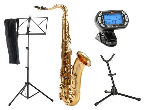 Classic Cantabile Winds TS-450 Bb Tenorsaxophon Set - Holzblasinstrumente, Klar lackiertes Tenorsaxophon in Bb-Stimmung mit ergonomischer Klappenmechanik für vollen, warmen Klang. Sparset inklusive Metro-Tuner, Saxophonständer und Notenständer.