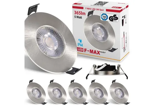 LED Bad Einbaustrahler F-MAX 6 x 230V IP44 5W Warmweiß - Deckenleuchte für Feuchträume mit 3-Stufen-Dimmfunktion – ideal für Badezimmer. Genießen Sie warmweißes Licht und eine moderne Optik in gebürstetem Edelstahl.