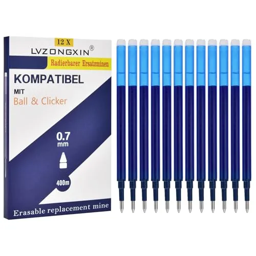 LVZONGXIN 12 x Radierbare Ersatzminen 0,7mm, Kompatibel mit FRIXION & & Eberhard Faber animal erase it, 0,7mm Strichstärke I Nachfüllminen für Gel-Tintenroller mit radierbarer Tinte