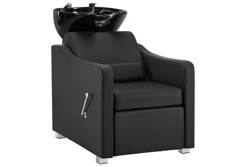 Barberpub Friseurstuhl mit Waschbecken 8675 - Schwarz/Kunstleder - Waschbecken für Friseursalons, ergonomisches Design mit klappbarer Beinstütze und hochglänzendem Keramikbecken für maximalen Komfort beim Haarewaschen.