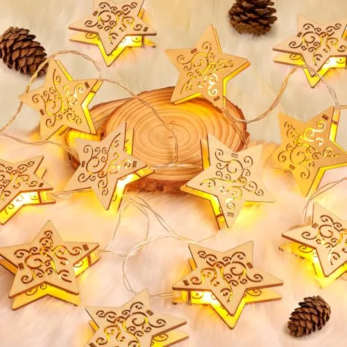 UQYMY LED Lichterkette Holz,Weihnachtsbeleuchtung Innen mit Batterie,1,5M Weihnachtslichterkette Weihnachtsdeko,Sternenlichterkette Weihnachten Schneeflocken für Weihnachtsbaum Fenster Balkon(Sterne)