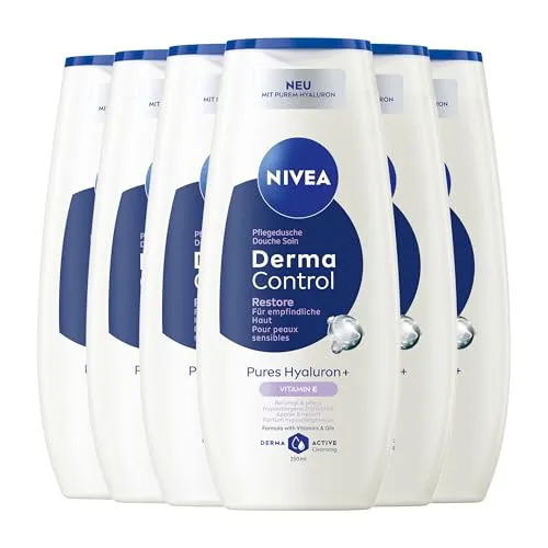 NIVEA Derma Control Restore Pflegedusche, Mit Hyaluron und Vitamin E, Hypoallergener Duft, Für empfindliche Haut, pH-hautneutral (6 x 250 ml)