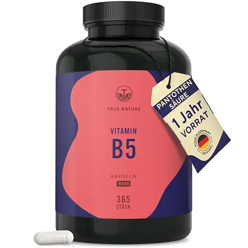 Vitamin B5-365 Kapseln - Hochdosierte 500mg Pantothensäure für 1 Jahr - Vitamin B5 Präparate, 365 Kapseln für ein Jahr, vegan und in Deutschland produziert, unterstützen den Energiestoffwechsel und die geistige Leistung.