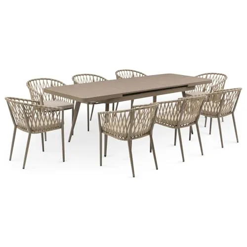 IDIMEX Garten-Essgruppe SUNNY – Ausziehbares Set mit 8 Stühlen in Champagner/Beige - Essgruppen Set SUNNY mit ausziehbarem Tisch aus pulverbeschichtetem Aluminium. Ideal für gesellige Runden im Garten oder auf der Terrasse, komfortable, stapelbare Stühle mit wasserabweisenden Polstern.