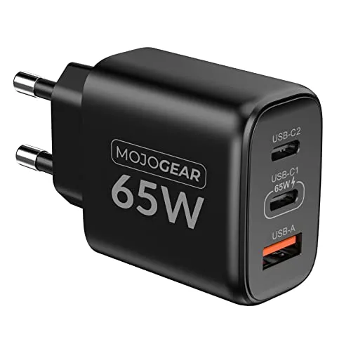 Produktbild MOJOGEAR Charge+ 65-Watt-Ladegerät mit 2 USB-C-Anschlüssen und 1 USB-Anschluss – Ladegerät/Adapter in sehr kompakter Größe – Kompatibel mit iPhone und Samsung - Schwarz