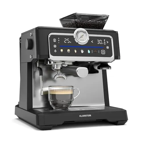 Klarstein GrandPresso Touch Siebträgermaschine - Siebträgermaschine mit 20-Bar-Pumpe und integriertem Präzisionsmahlwerk für aromatischen Kaffeegenuss. Intuitives Touch-Display für individuelle Kaffeezubereitung.