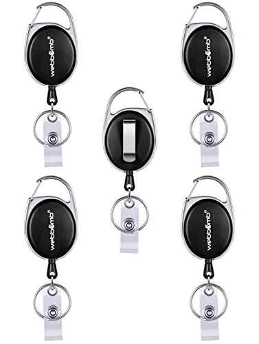 WEBBOMB Ausweishalter ausziehbar Ausweisjojo Set mit Gürtel Clip Schlüsselring + Vinylstrap Ausweis Schlüssel Jojo (Schwarz 5 Stück)