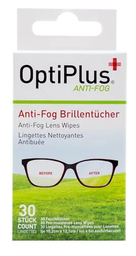 OptiPlus Anti-Fog Brillen-Reinigungstücher - 30 Stück - Brillen-Pflegemittel für klare Sicht, schützt effektiv vor Beschlagen und ist ideal für unterwegs oder auf Reisen. Hygienisch verpackt und sicher für alle Brillengläser.