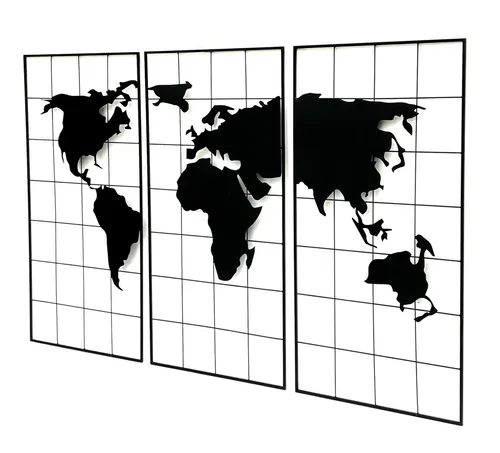 DanDiBo Wandbild Weltkarte Metall 170x100 cm Schwarz 3-teilig - Stilvolle 3-teilige Wanddekoration im Weltkarten-Design aus Metall. Ideal für eine beeindruckende Präsentation in Ihrem Zuhause. Maße: 170x100 cm, perfekt für jeden Raum.
