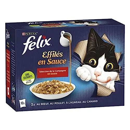 FELIX Zarte Sauce | ausgewachsene Katze | Auswahl an Rind, Huhn, Ente und Lamm | 12 x 85 g | Frischebeutel