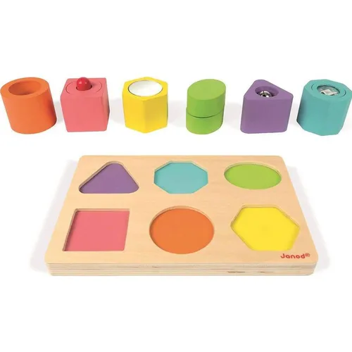 Janod I Wood Sensorik-Puzzle - Lernspielzeug mit 6 Steinen - Puzzlespielzeug für Kinder ab 1 Jahr, fördert die Sinne und feinmotorischen Fähigkeiten mit 6 bunten Steinen, die unterschiedliche Funktionen bieten.