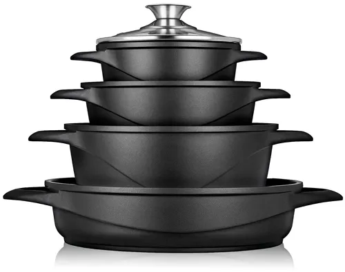 Kochtopf Set Induktions 8-Teilig Aluminiumguss - Vielseitiges 8-teiliges Kochtopf Set mit 4 Töpfen und Glasdeckeln, geeignet für alle Herdarten, ideal für kreative Kochabenteuer.