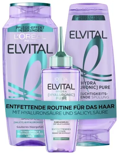L'Oréal Paris Elvital Hydra Hyaluronic feuchtigkeitsspendendes Set für glänzendes Haar, Für einen Feuchtigkeitsboost, Glanz & Schutz, langanhaltende Pflege, Shampoo 300ml, Spülung 250ml, Serum 102ml